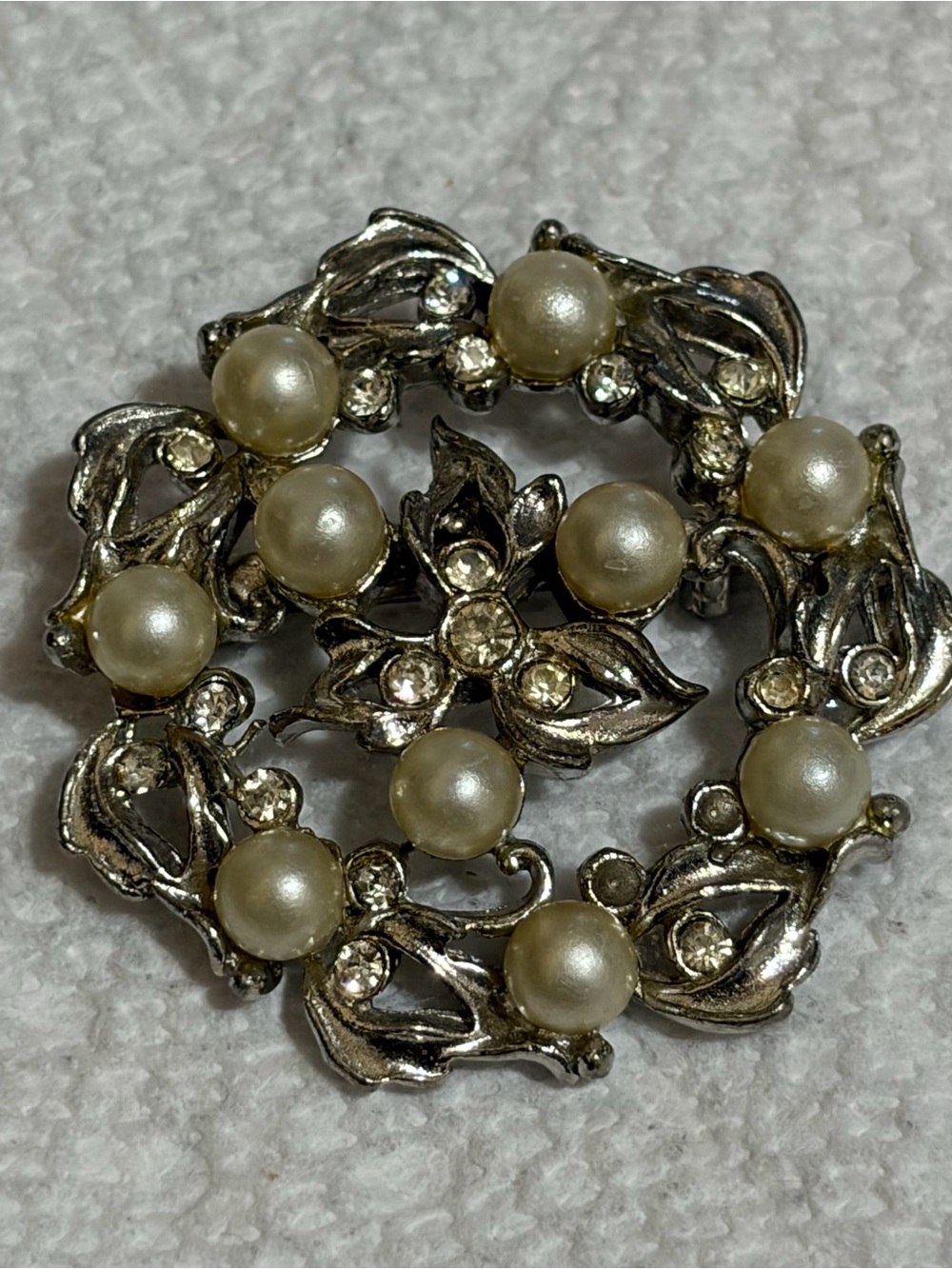 Vintage Pearl and Crystal Silver-Tone Floral Wreath Brooch